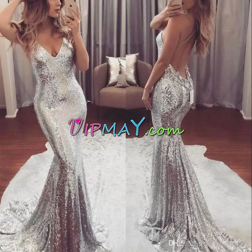 Graceful Sweep Train Mermaid Formal Evening Gowns White Spaghetti Straps Lace Sleeveless Floor Length Lace Up