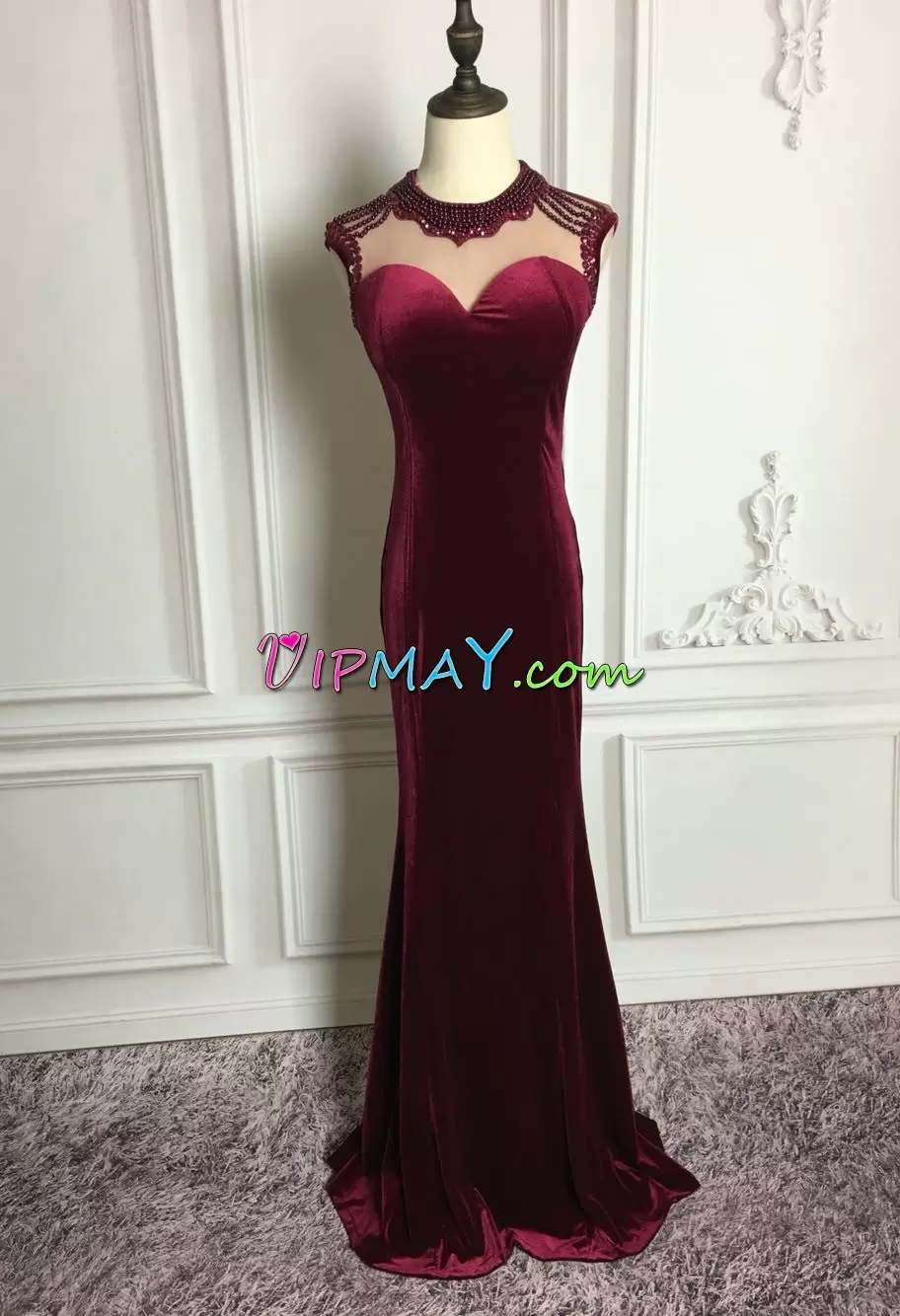 Sweep Train Mermaid Junior Homecoming Dress Burgundy High-neck Sleeveless Zipper