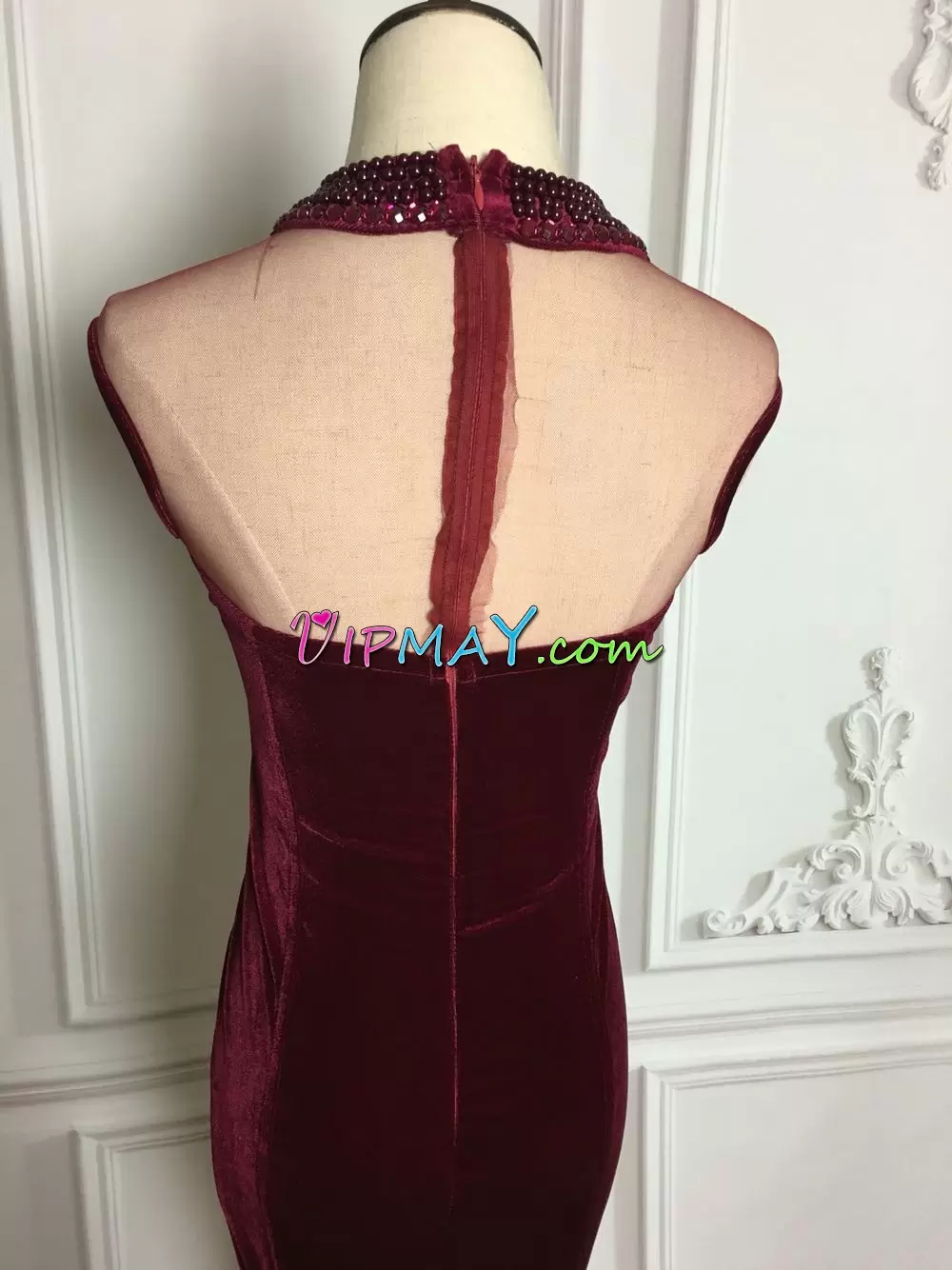 Sweep Train Mermaid Junior Homecoming Dress Burgundy High-neck Sleeveless Zipper