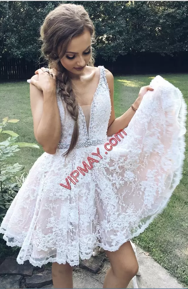 Pink And White Lace and Appliques Backless Prom Dresses V-neck