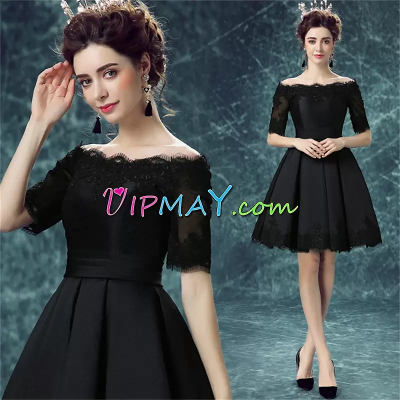 Custom Designed Black Homecoming Party Dress Prom and Party and Military Ball with Lace and Belt Off The Shoulder Half Sleeves Lace Up