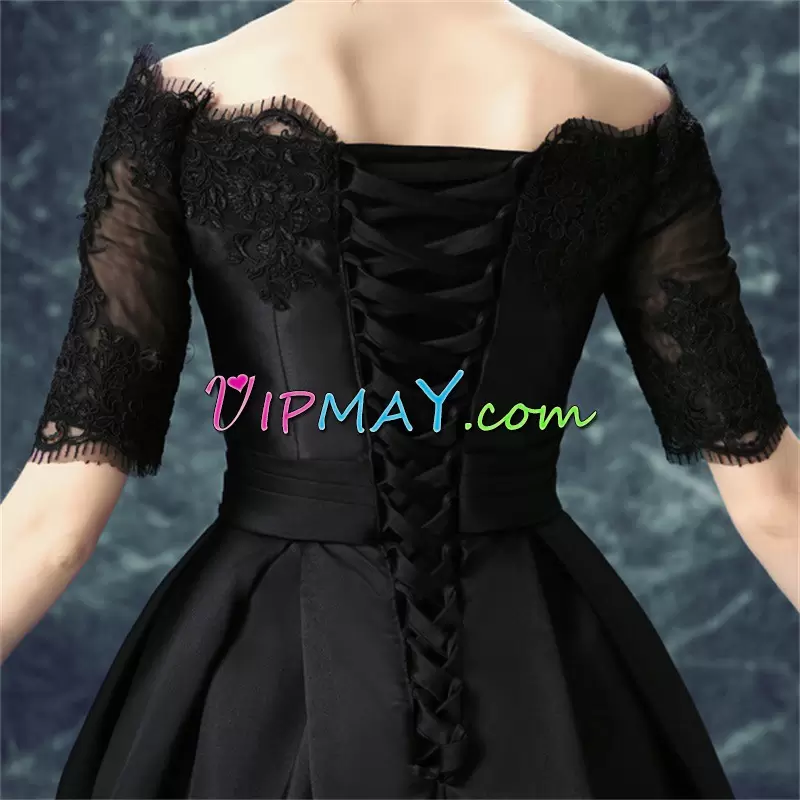 Custom Designed Black Homecoming Party Dress Prom and Party and Military Ball with Lace and Belt Off The Shoulder Half Sleeves Lace Up