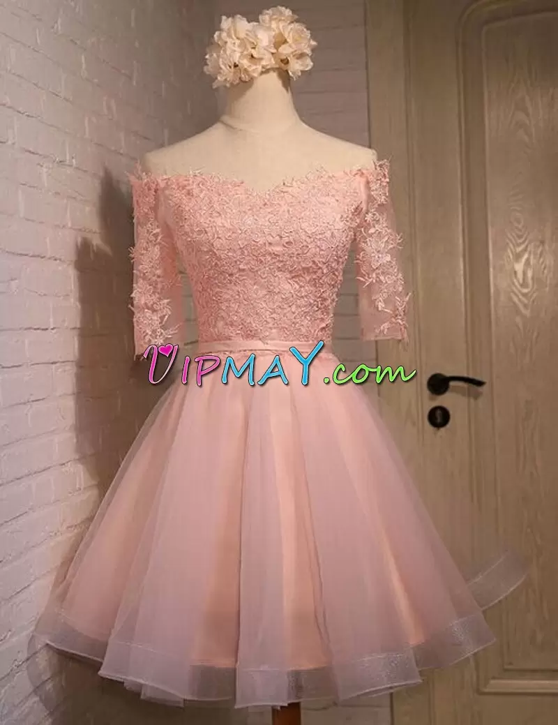 Pink Lace Up Off The Shoulder Lace Evening Dress Tulle Half Sleeves