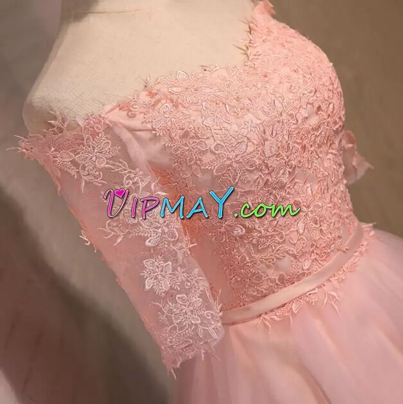 Pink Lace Up Off The Shoulder Lace Evening Dress Tulle Half Sleeves