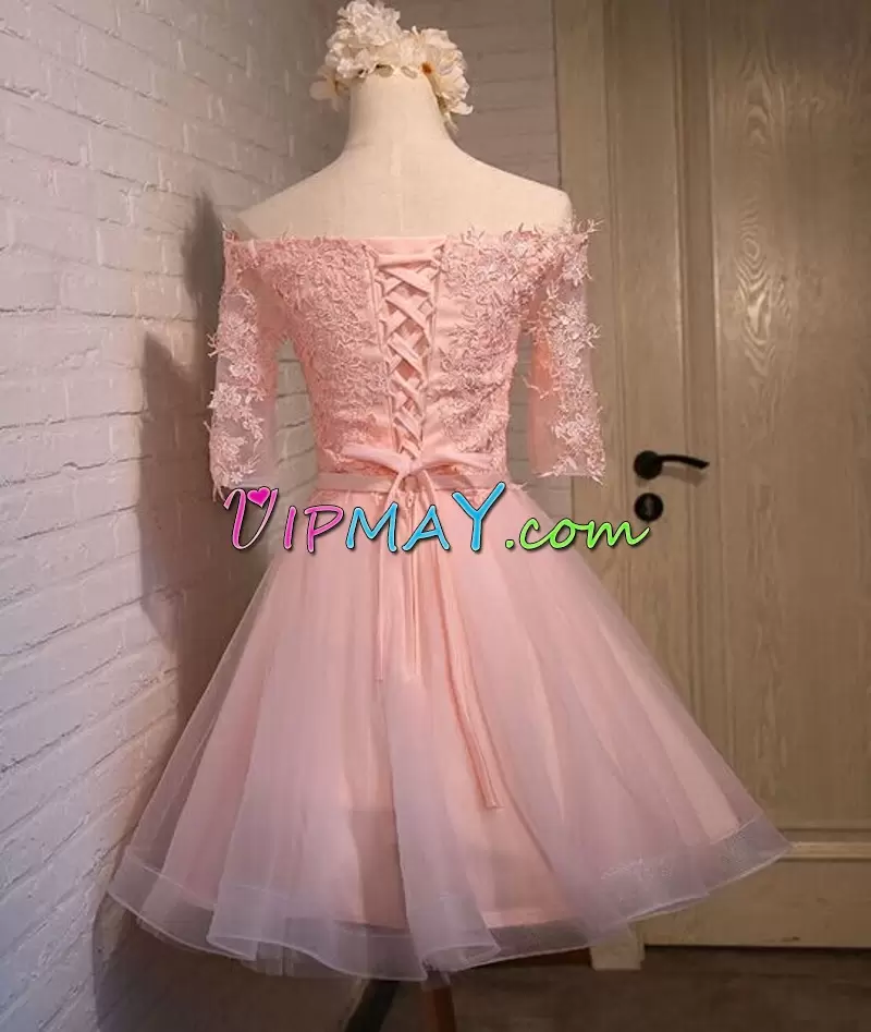 Pink Lace Up Off The Shoulder Lace Evening Dress Tulle Half Sleeves