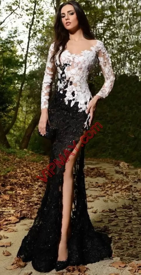 Eye-catching Scalloped Long Sleeves Chiffon and Lace Prom Dresses Lace Sweep Train Lace Up