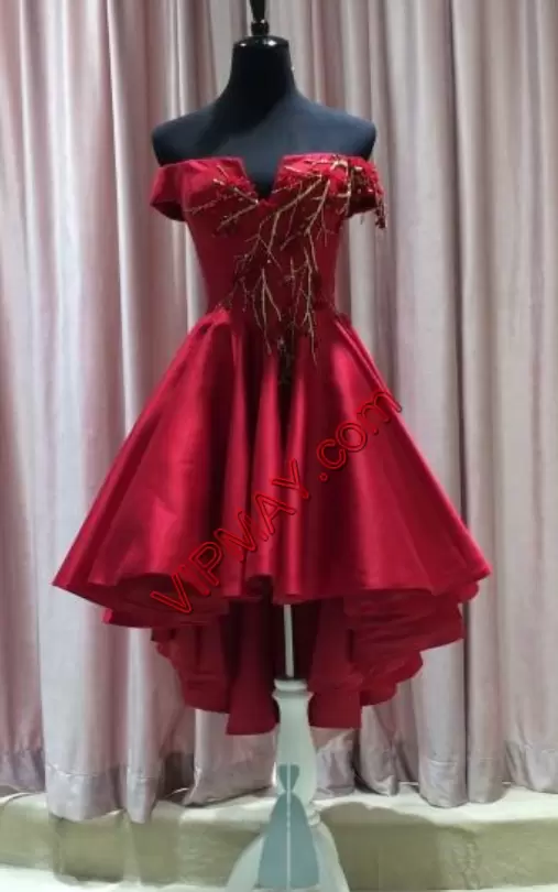 wine colored homecoming dress,off the shoulder homecoming dress,red satin homecoming dress,short front long back homecoming dress,high low formal dress for juniors,cheap high low homecoming dress,