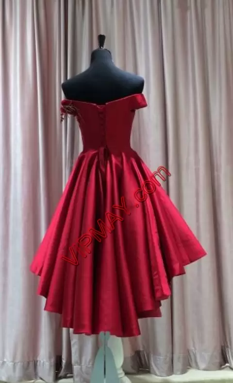 wine colored homecoming dress,off the shoulder homecoming dress,red satin homecoming dress,short front long back homecoming dress,high low formal dress for juniors,cheap high low homecoming dress,