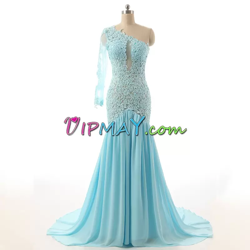 Best Aqua Blue Prom Gown Prom and Party with Appliques One Shoulder Long Sleeves Brush Train Side Zipper