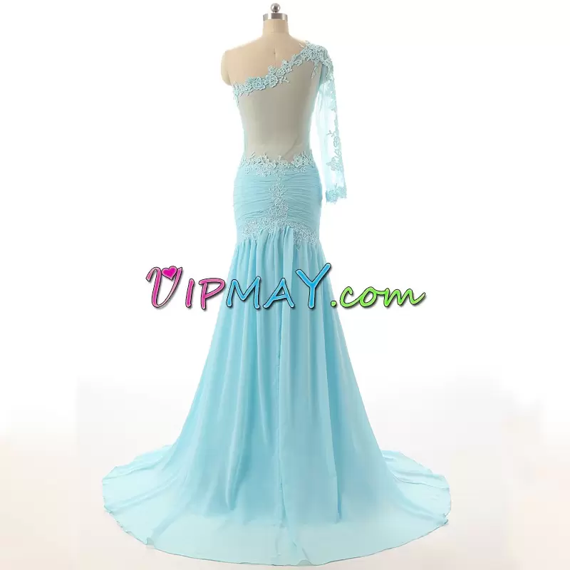 Best Aqua Blue Prom Gown Prom and Party with Appliques One Shoulder Long Sleeves Brush Train Side Zipper