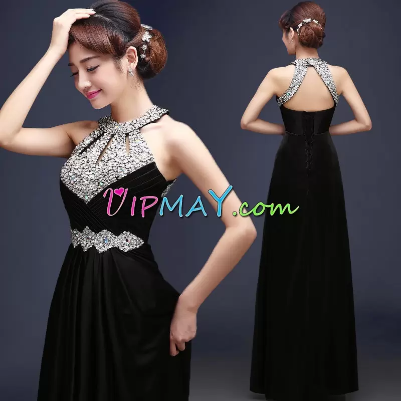 Sleeveless Chiffon Floor Length Lace Up Prom Evening Gown in Black with Beading