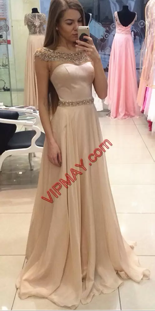 Classical Champagne Lace Up Formal Evening Gowns Beading and Ruffled Layers Sleeveless Floor Length