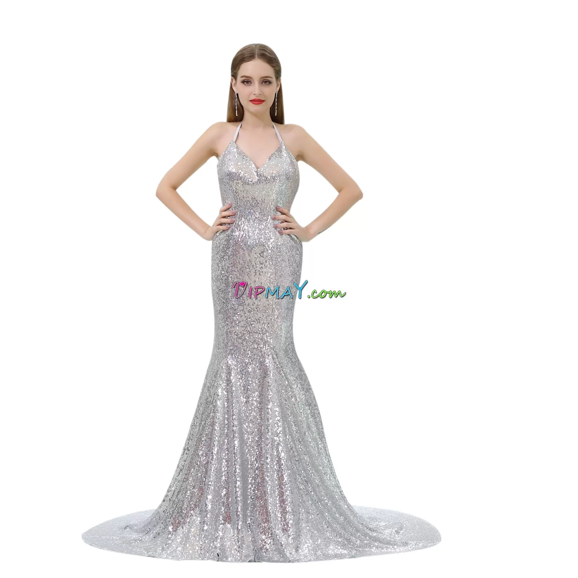 V-neck Sleeveless Court Train Backless Prom Dresses Silver Sequined Sequins and Ruching