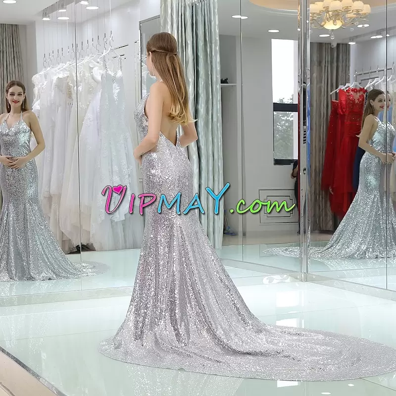 V-neck Sleeveless Court Train Backless Prom Dresses Silver Sequined Sequins and Ruching