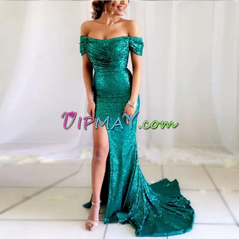 Cheap Green Prom Party Dress Sequined Brush Train Sleeveless Sequins