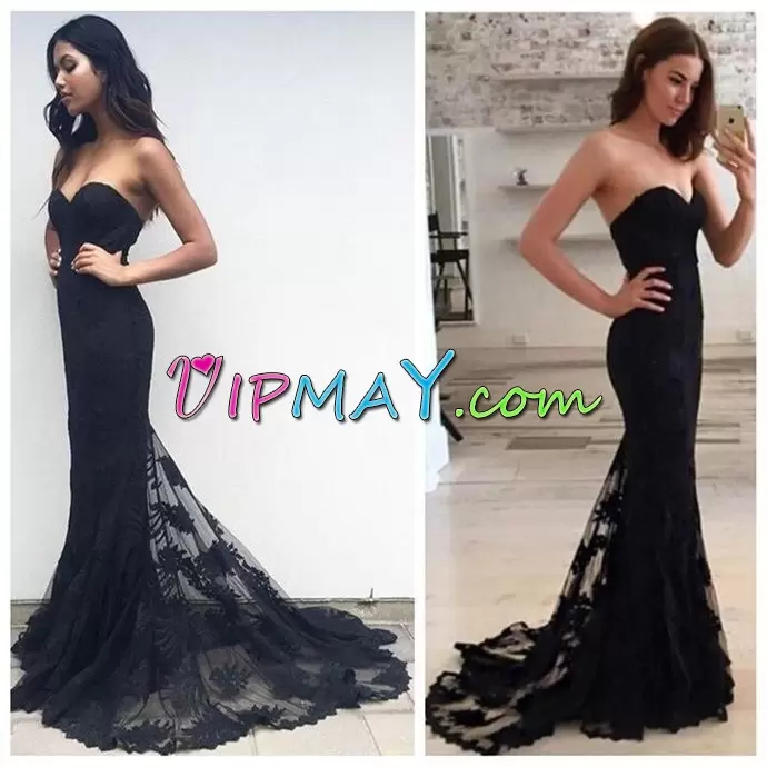 Edgy Sweetheart Sleeveless Tulle Prom Dress Appliques Sweep Train Zipper