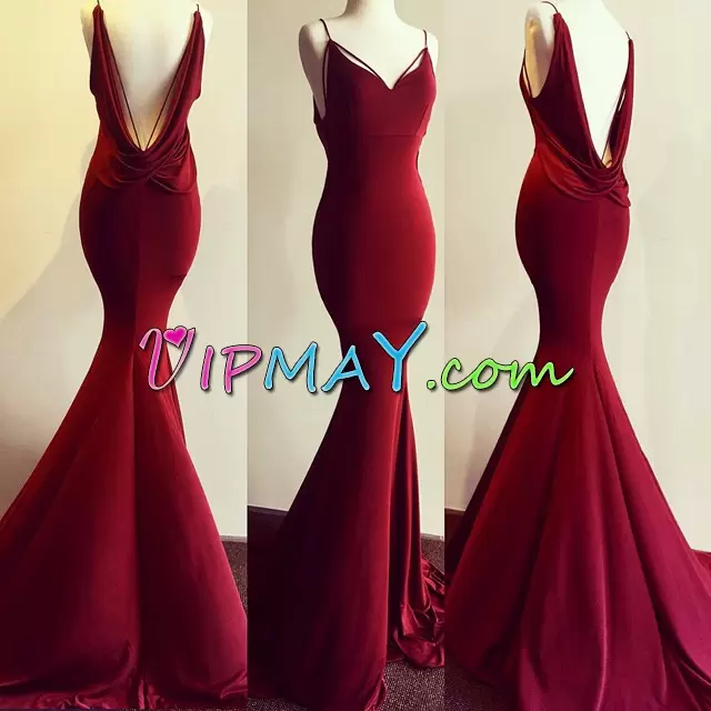 Wine Red Mermaid Spaghetti Straps Ruching Backless Hoco Dress Sweep Train