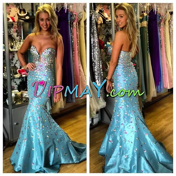 Dynamic Aqua Blue Zipper Hoco Dress Beading Sleeveless With Train Sweep Train