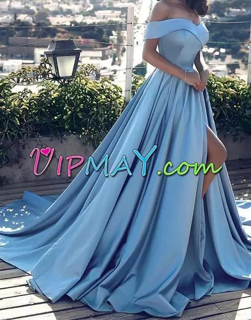 Excellent Blue A-line Satin Off The Shoulder Sleeveless Beading and Lace Floor Length Lace Up Sweep Train