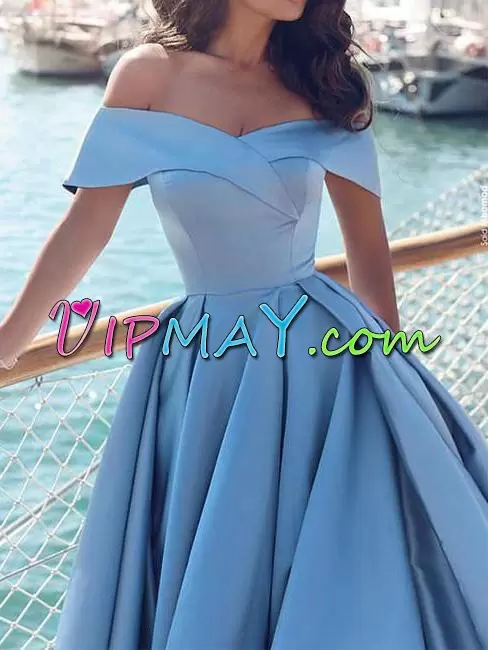 Excellent Blue A-line Satin Off The Shoulder Sleeveless Beading and Lace Floor Length Lace Up Sweep Train