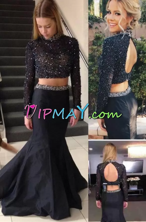 Fashionable Long Sleeves High-neck Backless Floor Length Beading and Ruching High-neck