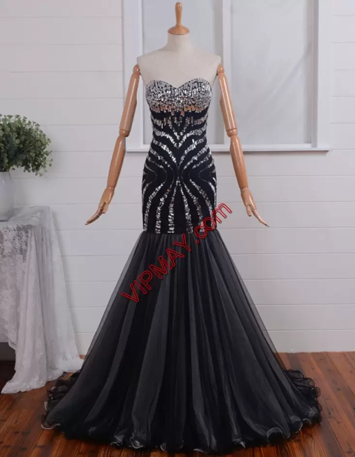 Trendy Mermaid Homecoming Dress Black Sweetheart Tulle Sleeveless Floor Length