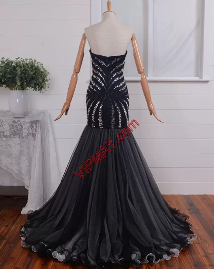 Trendy Mermaid Homecoming Dress Black Sweetheart Tulle Sleeveless Floor Length