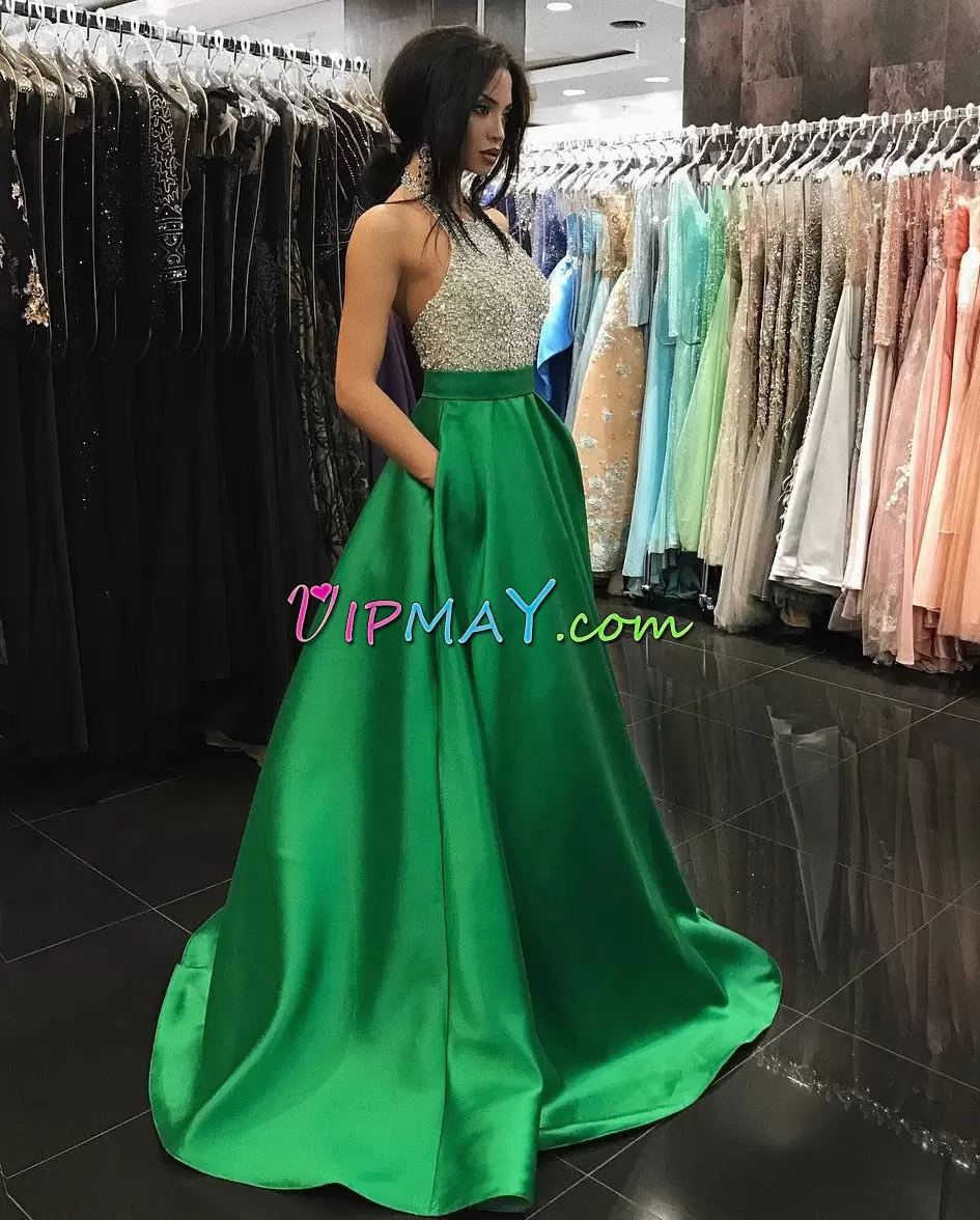 Fashionable Green Sleeveless Satin Lace Up for Prom and Party and Military Ball