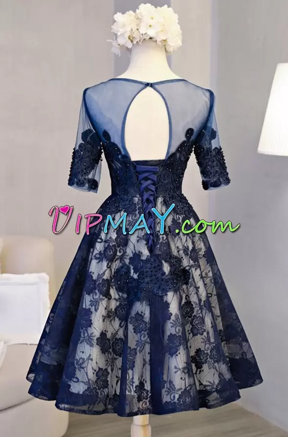 Navy Blue Lace Up Scoop Beading and Lace Homecoming Dress Tulle Short Sleeves