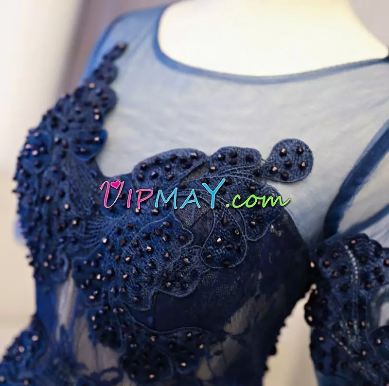 Navy Blue Lace Up Scoop Beading and Lace Homecoming Dress Tulle Short Sleeves