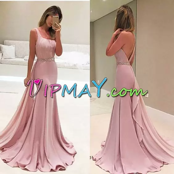 Sweet Backless Prom Party Dress Pink for Prom and Party with Beading Sweep Train