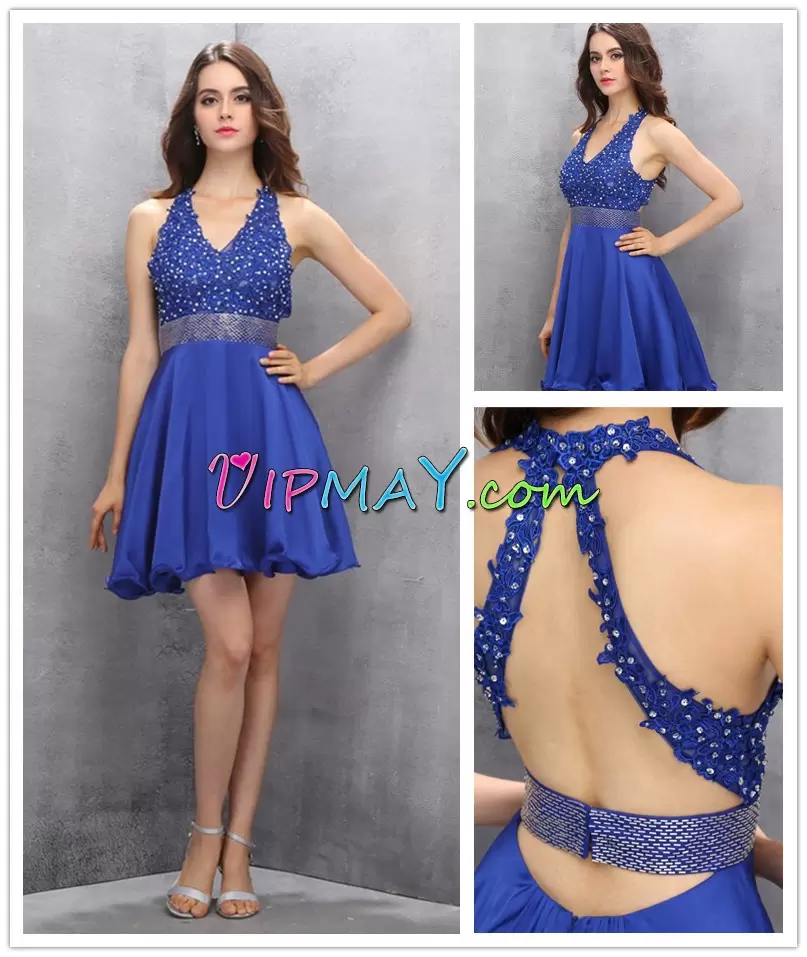 Delicate Royal Blue Halter Top Neckline Beading Homecoming Dress Online Sleeveless Criss Cross