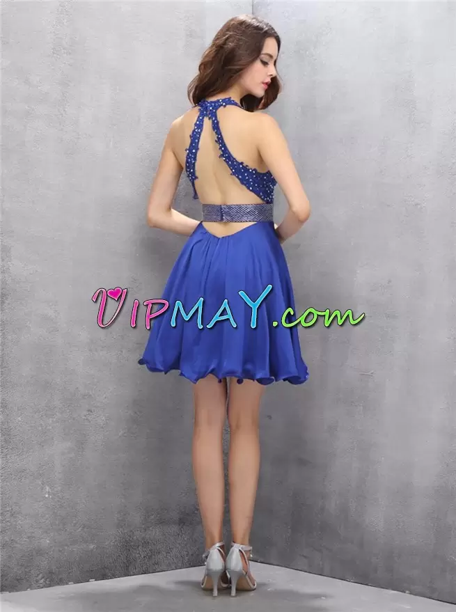 Delicate Royal Blue Halter Top Neckline Beading Homecoming Dress Online Sleeveless Criss Cross