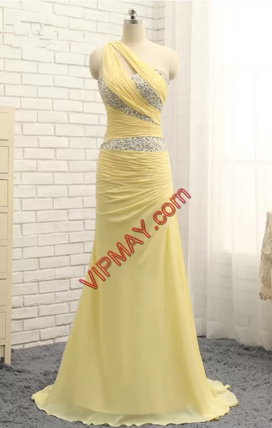 Ideal Floor Length Zipper Prom Evening Gown Light Yellow for Prom and Party with Sequins