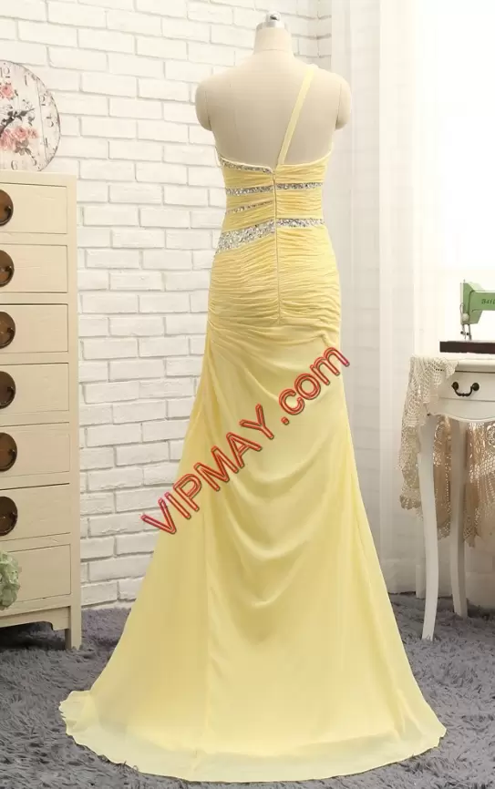 Ideal Floor Length Zipper Prom Evening Gown Light Yellow for Prom and Party with Sequins