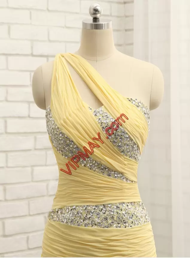 Ideal Floor Length Zipper Prom Evening Gown Light Yellow for Prom and Party with Sequins