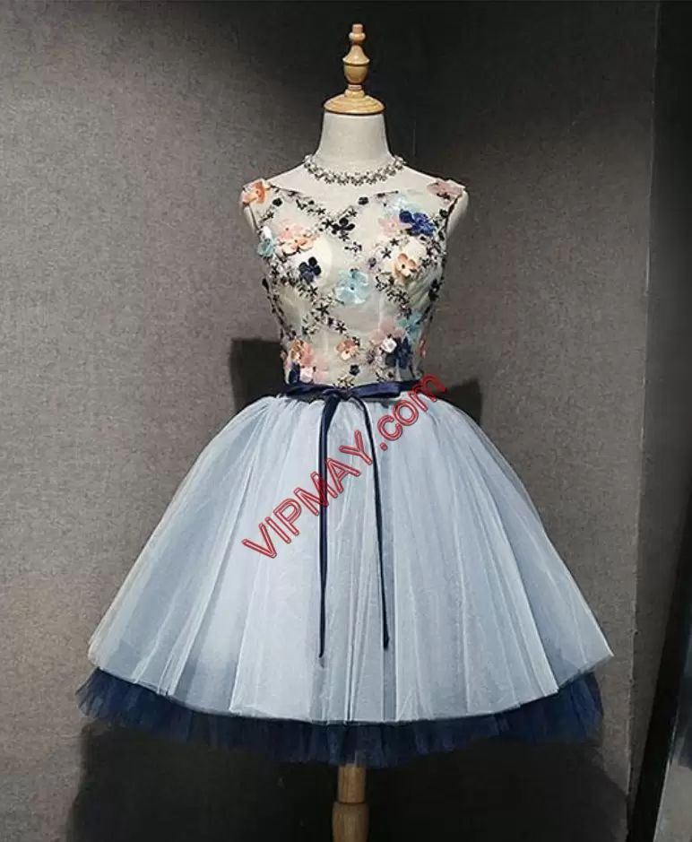 Artistic Sleeveless Tulle Mini Length Lace Up Homecoming Dress in Baby Blue with Beading