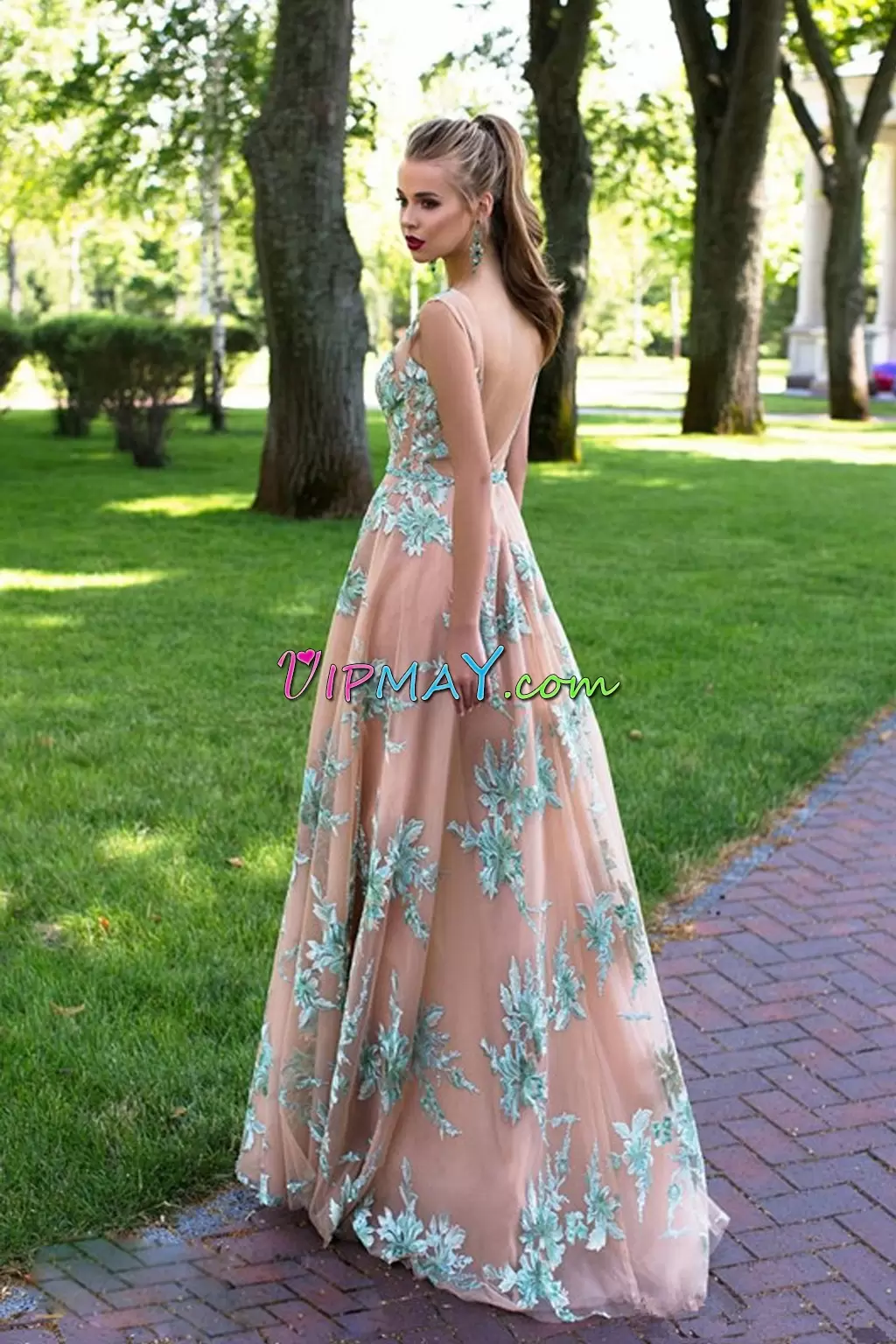 Backless Nude Color Lace Beaded Belt Homecoming Party Dresses