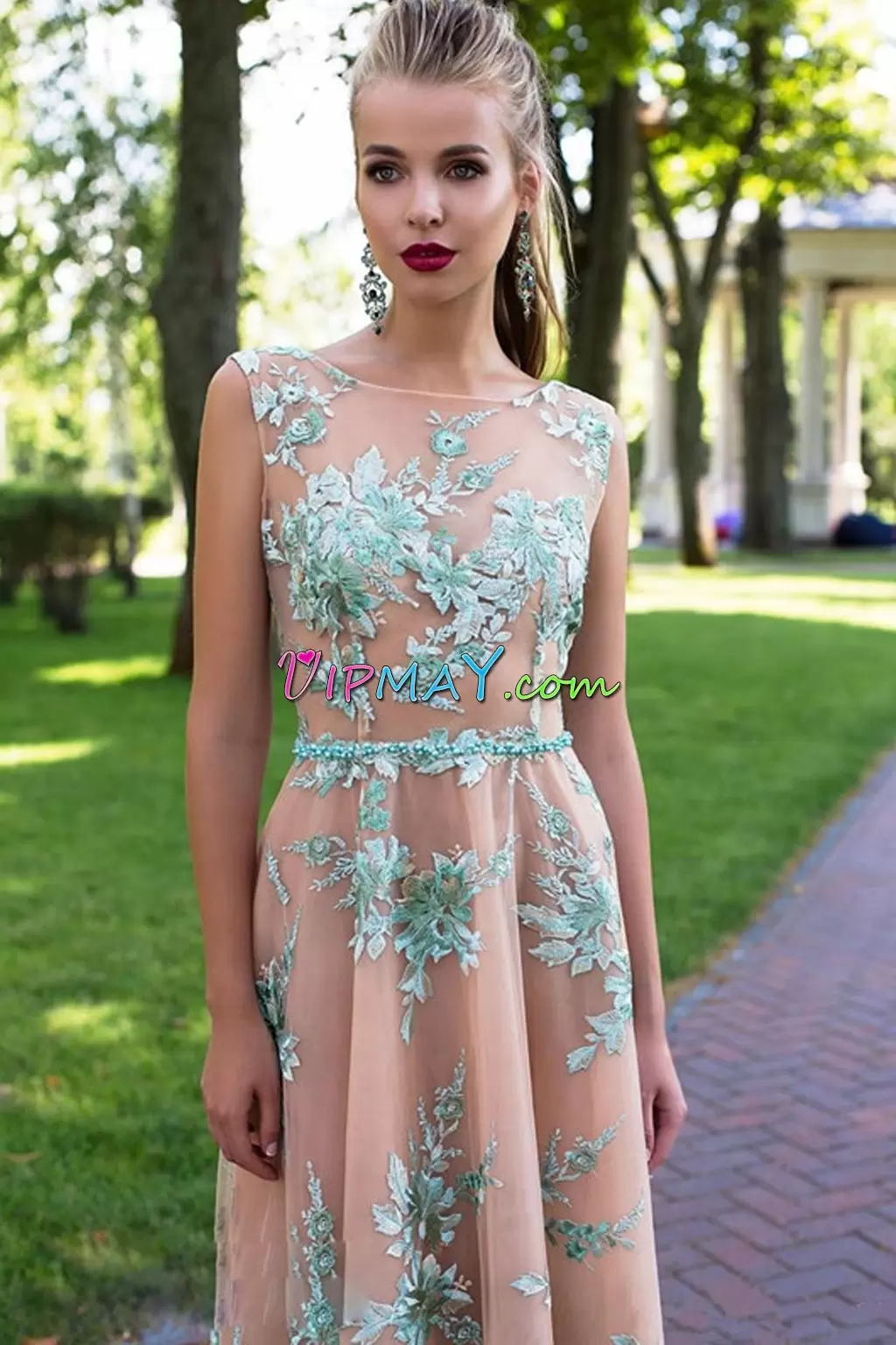 Backless Nude Color Lace Beaded Belt Homecoming Party Dresses