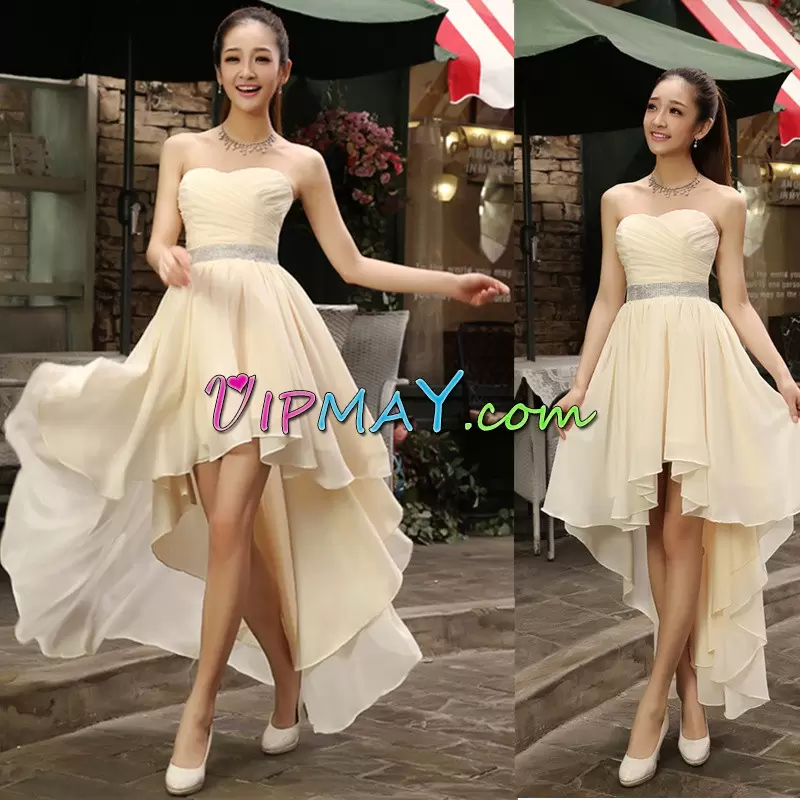 Sweetheart Sleeveless Prom Gown High Low Belt Champagne Chiffon