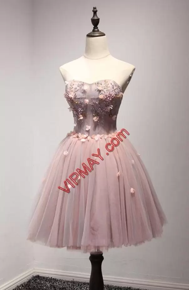 light pink formal dress short,cute short pink prom dress,short tulle prom dress under 100,prom dress with 3d flowers,lace up back prom dress,