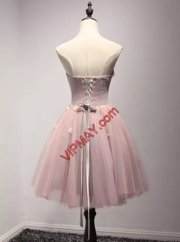 light pink formal dress short,cute short pink prom dress,short tulle prom dress under 100,prom dress with 3d flowers,lace up back prom dress,