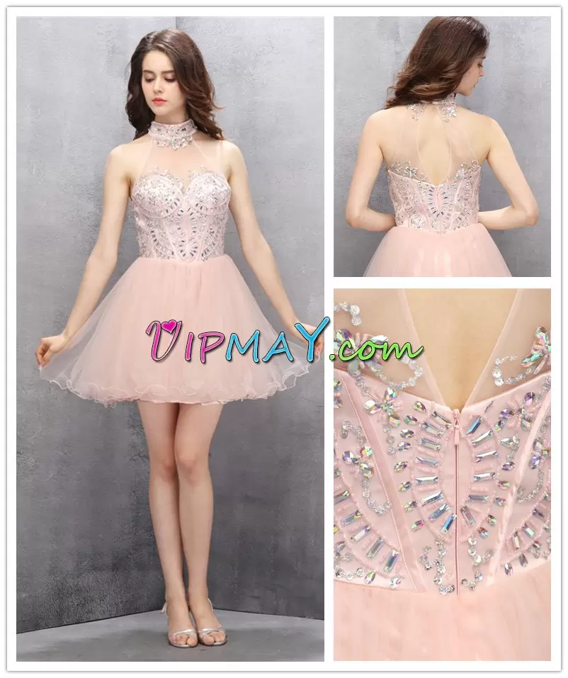 Fashionable Mini Length Backless Prom Homecoming Dress Pink for Prom and Party and Military Ball with Beading and Ruching