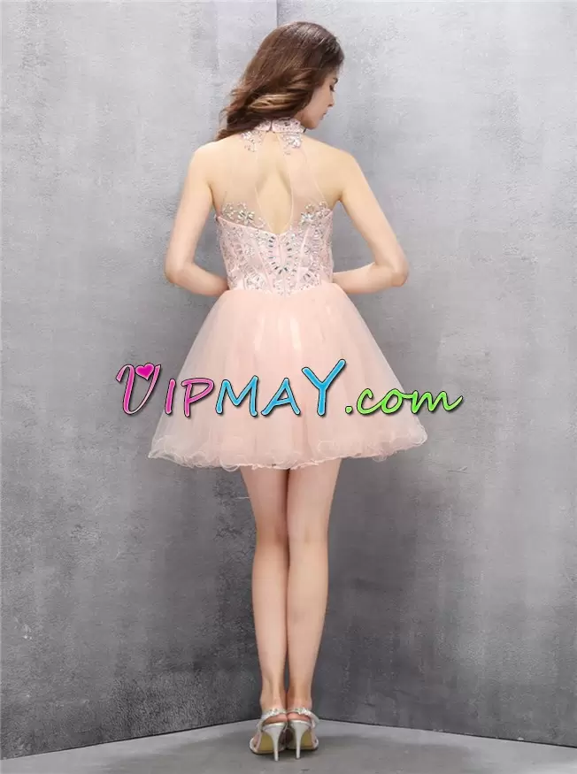 Fashionable Mini Length Backless Prom Homecoming Dress Pink for Prom and Party and Military Ball with Beading and Ruching