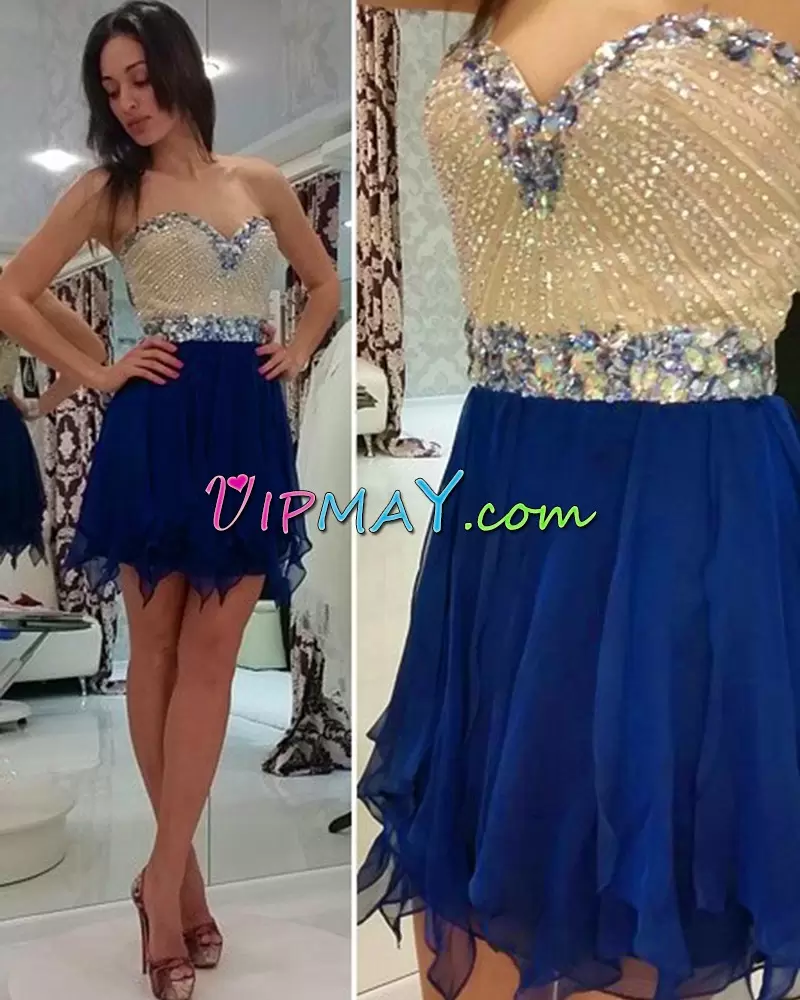 Sleeveless Mini Length Beading Lace Up Prom Homecoming Dress with Royal Blue