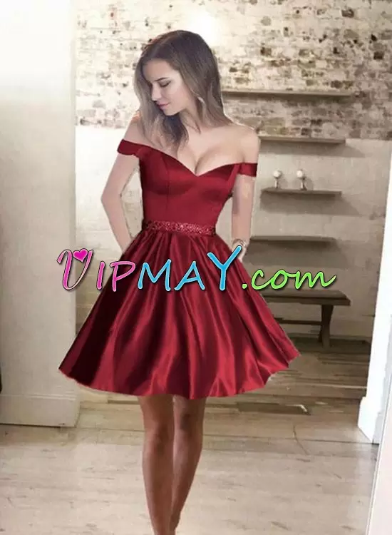 Glorious Mini Length Burgundy Homecoming Dress Online Satin Sleeveless Beading