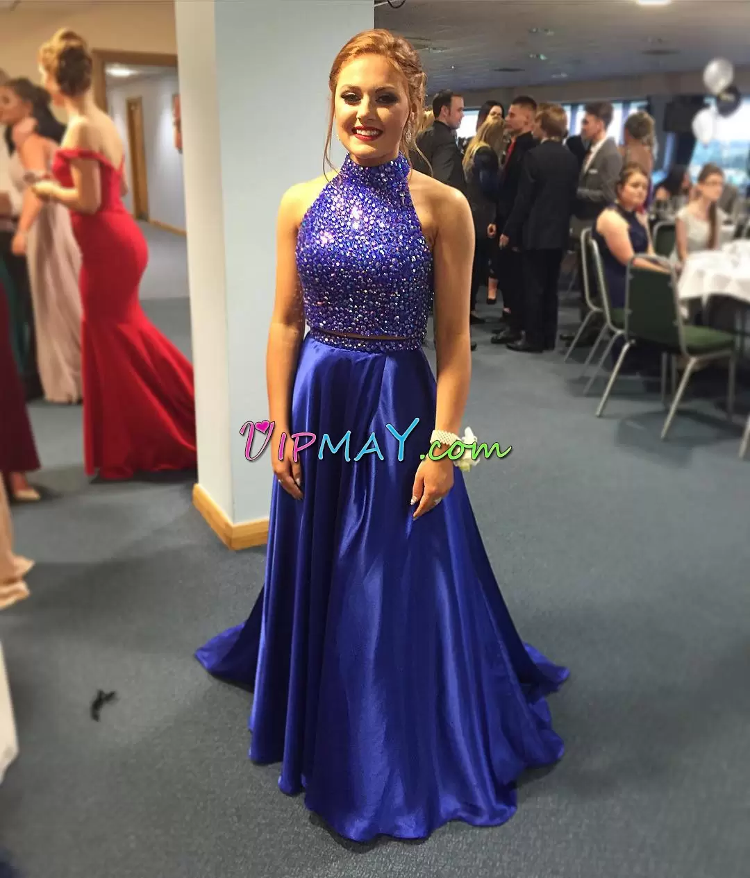 New Arrival Sleeveless High-neck Backless Floor Length Beading Dress for Prom High-neck