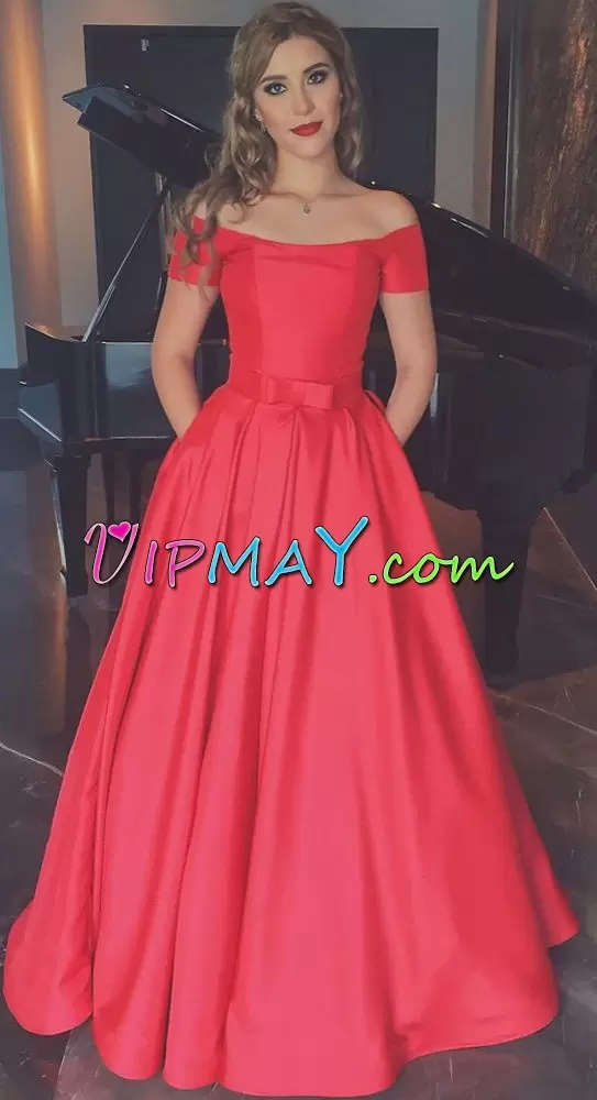 Red Short Sleeves Bowknot Floor Length Dress for Prom