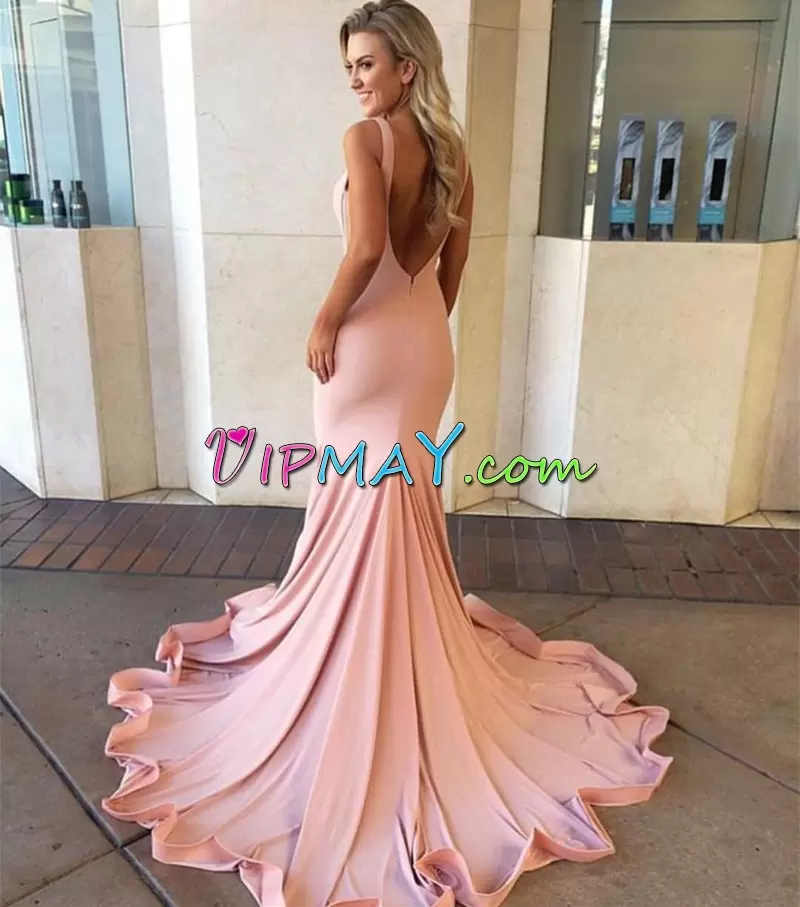 Sleeveless Ruching Backless Going Out Dresses with Pink Sweep Train