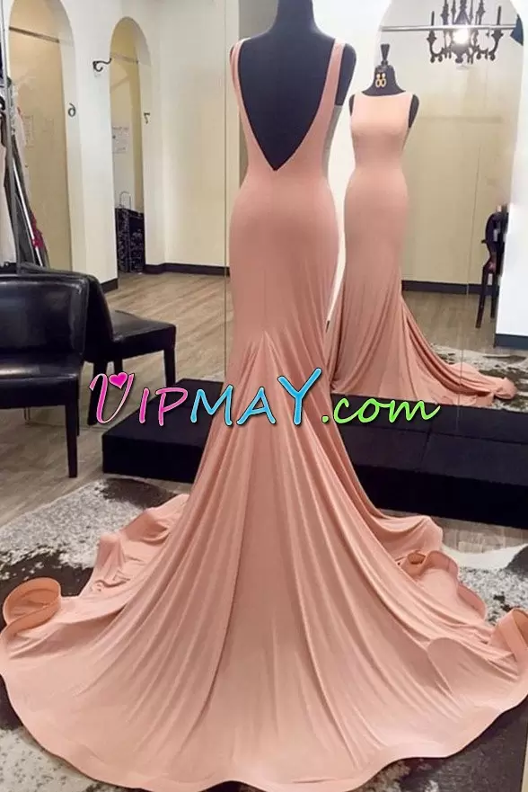 Sleeveless Ruching Backless Going Out Dresses with Pink Sweep Train